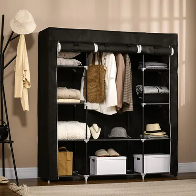 Produktbild von Stoffkleiderschrank mit 10 Ablagen & Kleiderstange 150x162,5x43 cm Faltschrank Textilschrank mit Reißverschluss Vliesstoff Grau