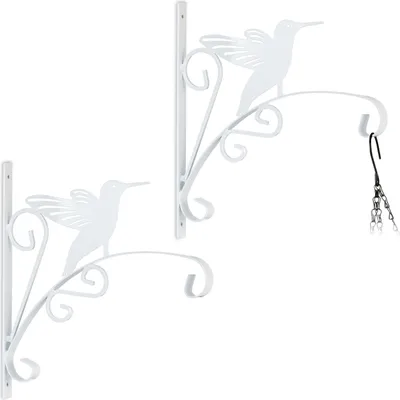 Immagine prodotto di Supporto per fioriere a sospensione Relaxdays, set da 2 pezzi, modello "Uccello", montaggio a parete, dimensioni: 30x29,5x2 cm, ganci per fioriere a sospensione esterni e interni, ferro, bianco