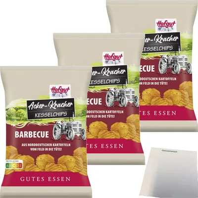 Produktbild von Hofgut Chips Acker-Kracher Barbecue 3er Pack (3x120g Beutel) + usy Block