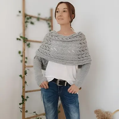 Produktbild von 2 v 1 Ručně pletená šála v boho stylu s rukávy z polyesteru, jedna velikost - KNITKA Světle šedá