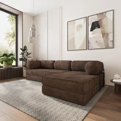 Produktbild von Masseno Ecksofa ETERA mit Metallgestell, Modulares Schlafsofa aus Schaumstoff, Klappbares Bodensofa, Schlaffunktion - Braun, POSO 06