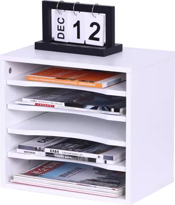 Obrázok produktu pre Relaxdays organizér na dokumenty, 5 priehradiek, kancelársky organizér, rozmery: 33 x 35,5 x 25 cm, organizér na stôl z PB, moderný, biely