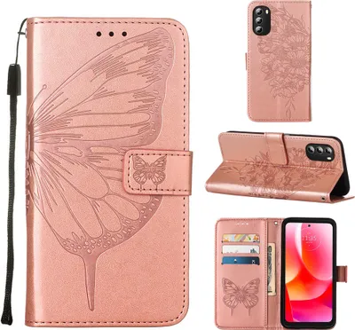 Produktbild von Moto G 5G 2022 Hülle, Schmetterling Prägung Flip Leder Kartenfächer Schutzhülle Ledertasche mit Ständer für Motorola Moto G 5G 2022 Roségold