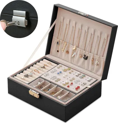 Produktbild von Schmuckkasten, Schmuckaufbewahrung, Doppelschicht Aufbewahrungskoffer für Ringe Ohrringe Armbänder Halsketten Schmuck Veranstalter Geschenkbox