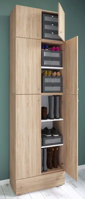 Produktbild von VCM Holz-Schuhschrank | Maße: H. 240 x B. 70 x T. 39 cm| Allzweckschrank | 5 Fächer | 4 Drehtüren | Aufsatz mit 2 Türen | extra Schublade– Lona