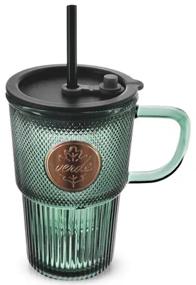 Produktbild von VERDE Glasbecher mit Deckel und Strohhalm, 450 ml
