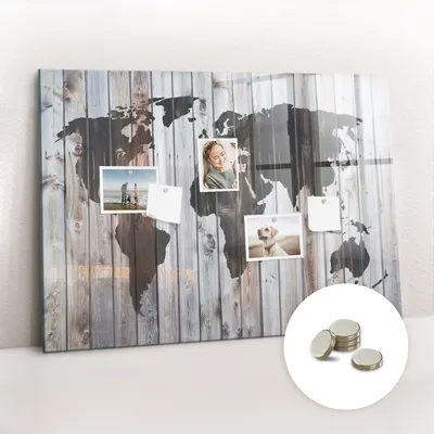 Produktbild von Magnetische Wandtafel aus Glas – Memotafel mit gebogener Vorderseite – Enthält 5 Magnete – 100x70 cm – Weltkarten auf den Tafeln