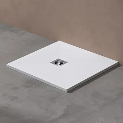Produktbild von doporro Duschwanne Duschtasse 80x80x3cm aus Mineralguss in Weiß Quadratisch DIN-Anschlüsse für bodenebene Montage geeignet inkl. Ablaufgarnitur AL006 Geoma 09