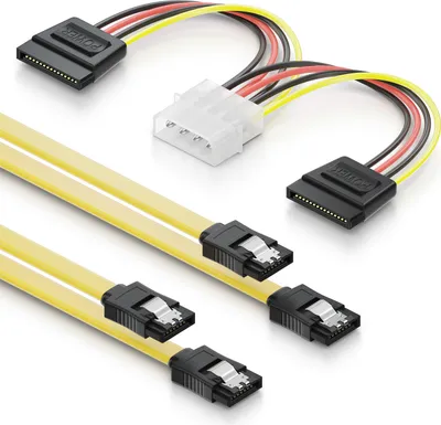 Produktbild von deleyCON SATA Kabel Set 2x 0,5m S-ATA 3 Kabel + 4pin zu 2x SATA Stromadapter - HDD SSD Datenkabel mit Clip - 1x Stecker gerade zu 1x Stecker gerade - Gelb