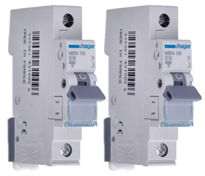 Imagen del producto de Hager, 2 interruptores de protección de línea, modelo MBN116, unipolares, 16A, interruptores de protección contra sobrecarga, curva B.