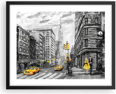 Produktbild von Gerahmtes Poster - Schwarzer Rahmen - Stadt Taxi Wolkenkratzer Illustration - 50x40 cm - Wand Bild - Wanddeko - Wandbilder - Wandposter - Bilderrahmen - Bilder - Kunstdruck - P2BAA50x40-3148
