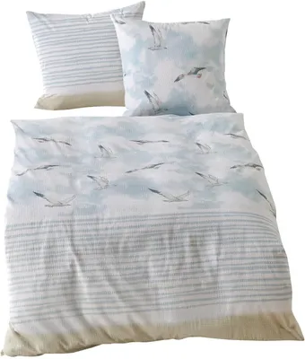 Produktbild von Seersucker Bettwäsche mit Möwenmotiv – 100% Baumwolle – bügelfreie Sommerbettwäsche – atmungsaktiv und leicht – mit Reißverschluss – 135x200 cm + 80x80 cm