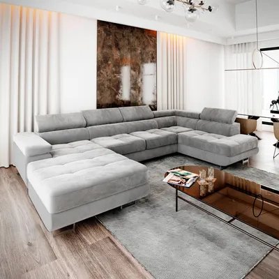 A modern living room with a large sectional sofa.