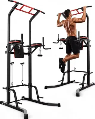 Imagen del producto de Estación de dominadas y fondos para torre de potencia, barra de dominadas independiente, estación de entrenamiento de fuerza con altura ajustable, estación de fitness, barra de dominadas para gimnasio en casa, equipo de entrenamiento de fuerza para el hogar, capacidad de carga de hasta 230 kg