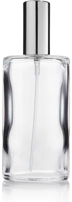 Produktbild von Klarglas-Flasche, oval, mit Zerstäuberpumpe + silberner Kappe, für 100 ml, Höhe 14 cm
