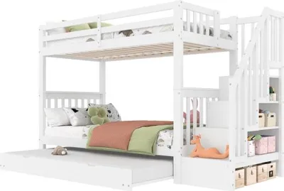Produktbild von Etagenbett mit 3 Liegeflächen und Lattenrost, 90x200 cm, Kinderbett mit Rausfallschutz, Kiefer