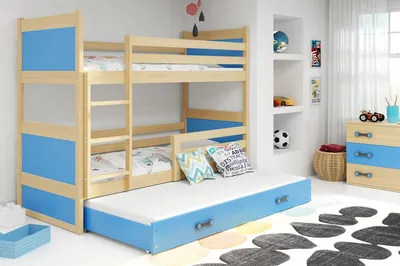 Obrázok produktu pre Detská poschodová posteľ s prístelkou a matracom 90x200 FERGUS - borovica / modrá