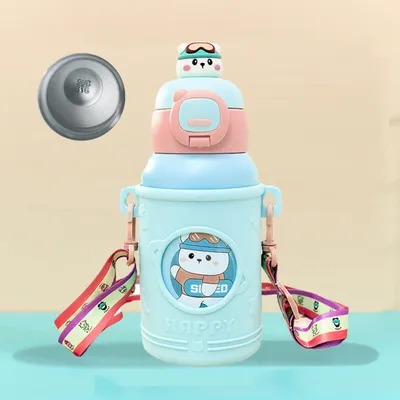 Produktbild von Thermobecher, 500ml Trinkflasche, Thermosflasche mit Deckel und Strohhalm, Edelstahl Kinderflasche, Auslaufsicherer Tumbler mit Riemen, für Schule