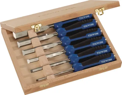 Image de Stechbeitelsatz 6,10,12,16,20,26mm 2-K Heft.6-tlg.HO-Kasten TECWERK
Ensemble de ciseaux à bois 6,10,12,16,20,26mm manche bi-matière.6 pièces.Boîte HO TECWERK