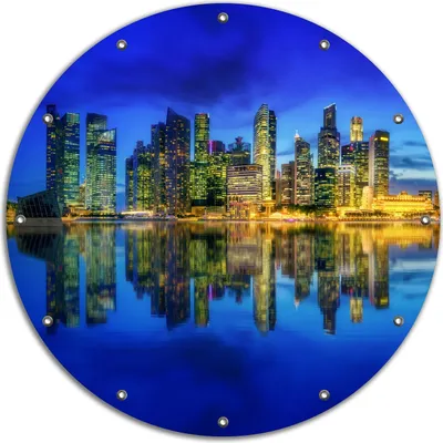 Produktbild von Wallario rundes Outdoor-Poster für Garten oder Balkon, Motiv Skyline von Singapur in der Abenddämmerung, 90 cm Durchmesser