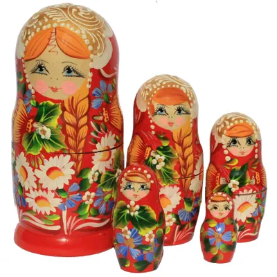 Produktbild von Matroschka Babuschka Matrjoschka Groß Holzfiguren handbemalt Set 5 Puppen Sommer 22cm hoch