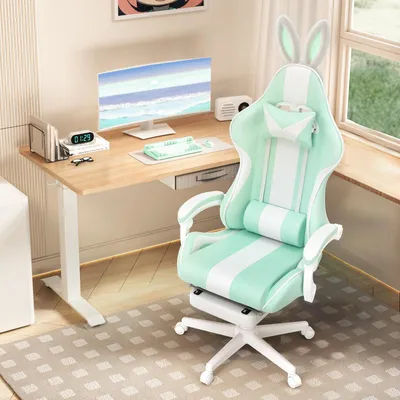 Produktbild von Gaming Stuhl Ergonomisch mit Fußstütze, Niedlicher Gaming Chair Stoff mit Katzenohren und Schwanz, Massage-Lendenkissen, Höhenverstellbar, Grün