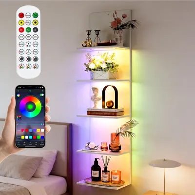 Produktbild von Weiß Wandregal Bücherregal mit Lauflicht, 30×18×117cm, App-/ Fernbedienung Schweberegal Wand Stufenregal Dekoregral für Deko Präsentation Sammlung