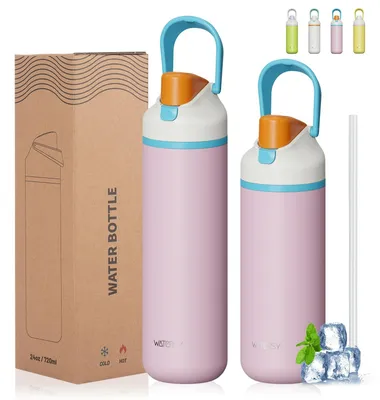 Isolierte Edelstahlflasche 600 ml, Trinkdeckel, auslaufsicher, rosa