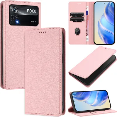 Produktbild von Litchi Leder Handyhülle für Xiaomi Poco X4 Pro 5G Wallet Kartenfächer Standfunktion Hülle Pink