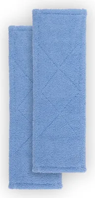 Two blue microfiber mop pads are laid flat on a white background.
