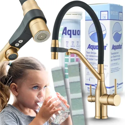 Obrázek produktu pro 3cestná kuchyňská baterie Ari Magneto s přípojkou pro filtr vody, výsuvnou otočnou hubicí 360°, keramickou kartuší, broušené zlato