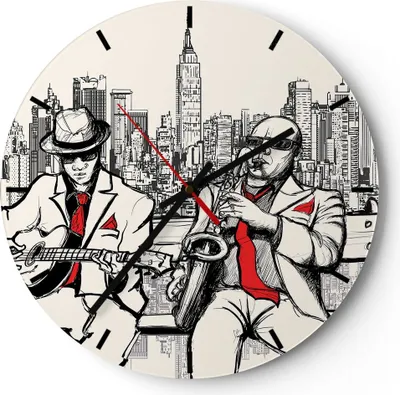 Produktbild von Wanduhr - Rund - Glasuhr - Jazz Musik Musiker - 40x40cm - Schleichendes Uhrwerk - Lautlos - zum Aufhängen bereit - Dekoration Modern - Wanddekoration aus Glas - C3AR40x40-3599
