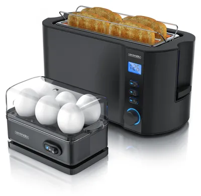 A black toaster and a black egg cooker with white eggs are displayed on a white background.