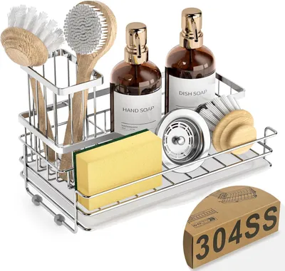 Image de Organisateur de cuisine pour évier, en acier inoxydable 304, avec support de brosses amovible et égouttoir