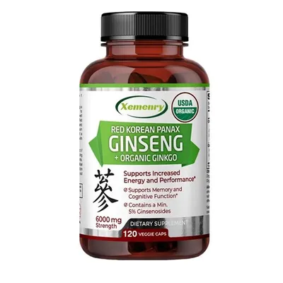 Obrázek produktu pro Červený korejský ženšen Panax + organický ginkgo 6000 mg (120 kapslí) doplněk stravy, energie, vytrvalost, svaly, mozek, paměť, vitalita