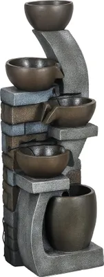 Image de Outsunny Fontaine d'eau extérieure 5 niveaux, fontaine de jardin avec lumières LED, panneau solaire 3,7 kW, pompe, débit de 450L/h, en résine, gris et marron