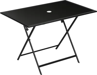 Image de Outsunny Table š€ manger de jardin pliable pour 6 personnes, avec plateau en verre trempšŠ, table extšŠrieure rectangulaire avec trou de parasol pour jardin, patio, terrasse, 110 x 70 x 70 cm, noir