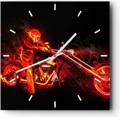 Produktbild von Wanduhr - Quadrat - Glasuhr - Flammen Motorrad Skelett - 30x30cm - Schleichendes Uhrwerk - Lautlos - zum Aufhängen bereit - Dekoration Modern - Wanddekoration aus Glas - C3AC30x30-0148