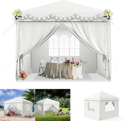 A collage of images showing a white party tent set up for an event, on a beach, and in a garden, with people enjoying the outdoors.