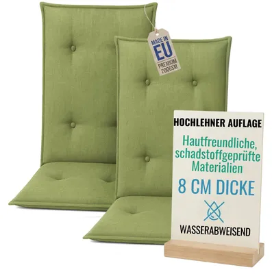 Produktbild von Pillows24 - 2x Hochlehner Auflagen 120x50x8 cm | Gesteppte Wetterfeste Gartenstuhlauflagen | Polster Sitzkissen für Gartenmöbel | EU | Lemon