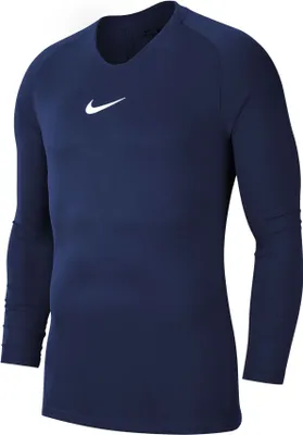 A navy blue long-sleeved Nike shirt is shown against a white background.
