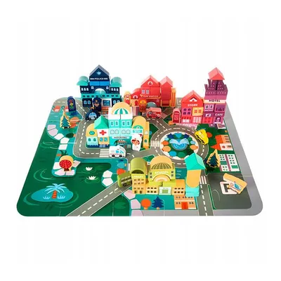 Obrázek produktu pro Stavebnice pro děti 100 ks, kostky s písmeny a čísly, město, vozidla, puzzle podložka, box na uložení - BlockCity