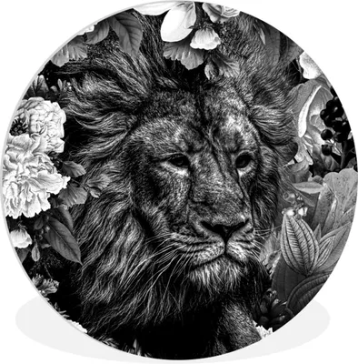 Produktbild von MuchoWow® Rundes Wandbild - Runde Bilder Löwe - Blumen - Blatt - Schwarz - Weiß Ø 30 cm Kreis Wanddekoration Kunststoff - Wandkreis - Wandschmuck - Schlafzimmer - Bilder - Der Kreis - Kunst für die Wohnung - Plastik - Kunstdruck - Wandbild