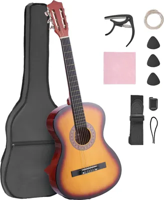 Produktbild von Klassikgitarre Konzertgitarre - Anfängerset - Länge 96 cm - Nylonsaiten - Lindenholz-Korpus - Zubehör: Gigbag, Gurt, Stimmgerät, Plektrum, Kapodaster, Ersatzsaite - Sunburst
