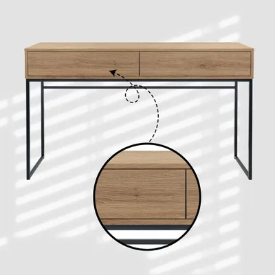 A modern wooden desk with black metal legs, shown with a close-up detail of the drawer.