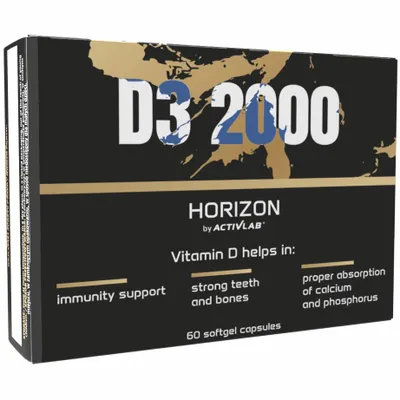 Immagine prodotto di Activlab Horizon Vitamina D3 2000 UI, 50 µg di vitamina D3, 60 capsule molli, con olio di girasole, per il sistema immunitario, le ossa, i denti e l'assorbimento del calcio