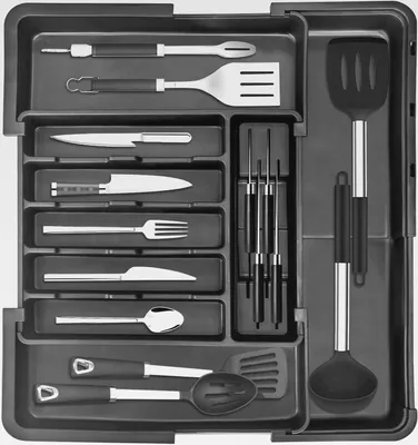 Produktbild von Besteckkasten für Schubladen Erweiterbar, Schubladen Organizer Küche mit 2 Abnehmbaren Messerhaltern, Verstellbarer Schubladeneinsatz für Besteck und Utensilien, Schwarz