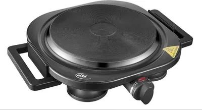 A black electric hot plate with a ribbed cooking surface, placed on a white background.