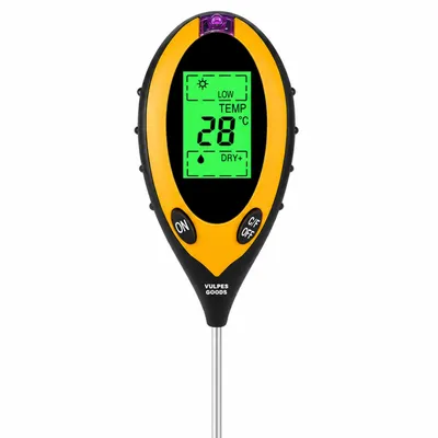Produktbild von Vulpes Goods Bodenfeuchtigkeitsmessgerät, Für Pflanzen, 4-in-1, Thermo- und Feuchtigkeitsmesser, Innen und Außen, pH Licht, Boden testen, Mit Batterie