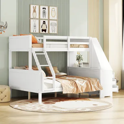 Image de OKWISH Lit Superposé Enfant 90x200 cm et 140x200 cm - Avec Bureau et Tiroirs, Bois Massif et MDF, Sans Matelas, Blanc